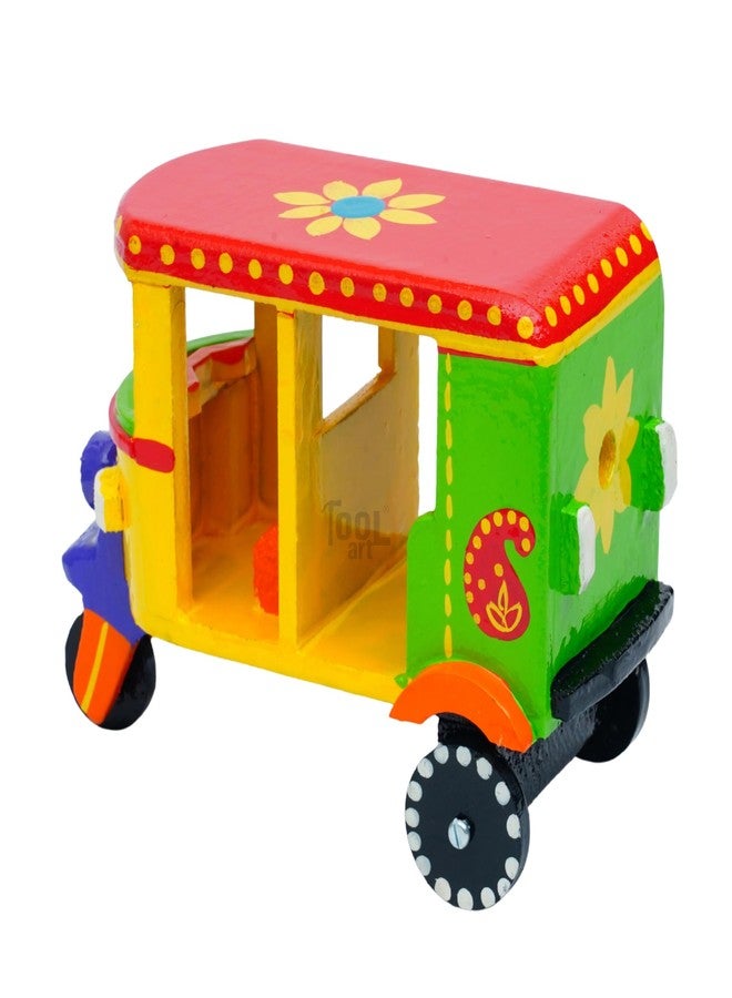 Toolart® Wooden Handcrafted Hand-Painted Auto Rickshaw Toy for Kids | Traditional Push & Pull Wooden Toy Showpiece | Best Birthday Return Gift (Small_Auto_Parent) (02r) - Image 5